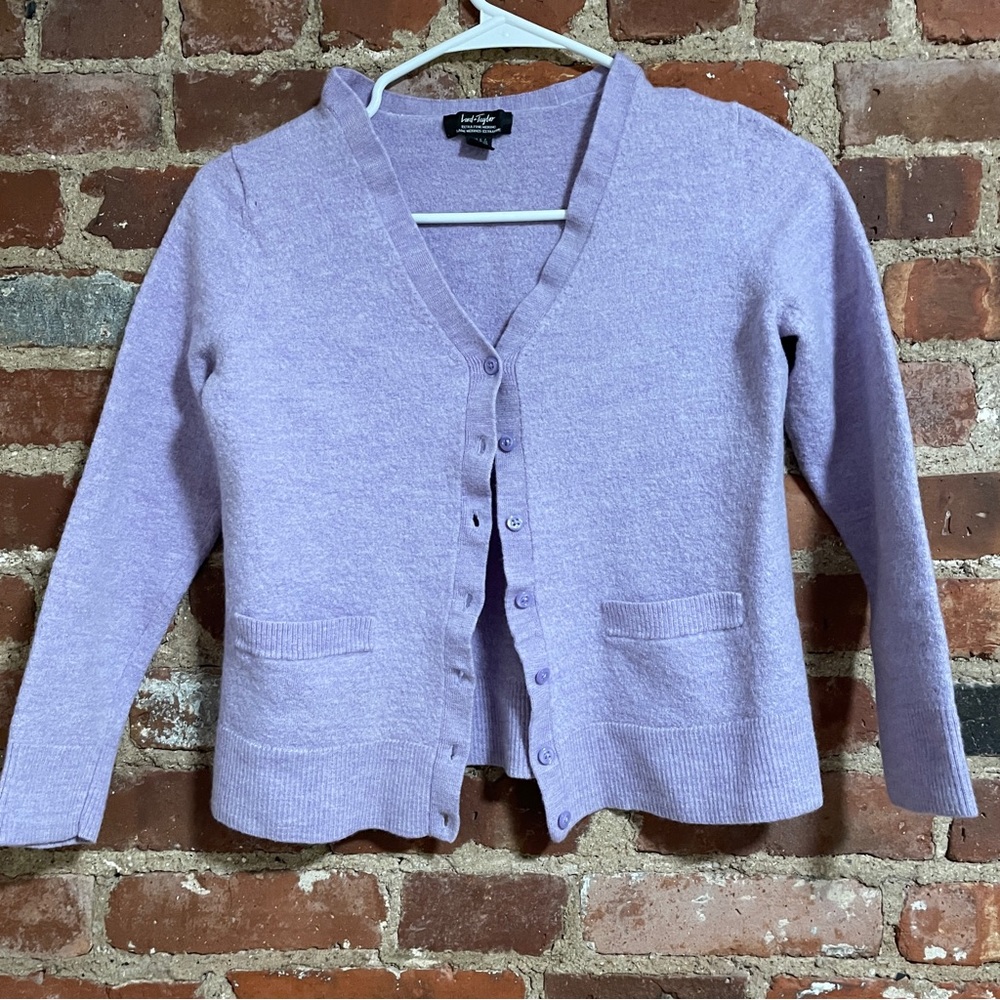 Lord + Taylor | lilac purple extra fine merino wool button down cardigan sweater